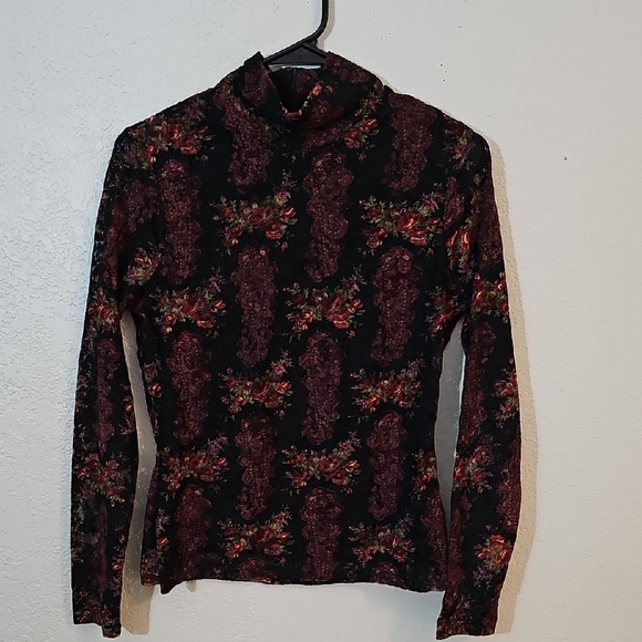 Classiques Entier Tops - Classiques Entier Sheer Sleeve Black and Red Lace Top, Womens Medium Stretchy